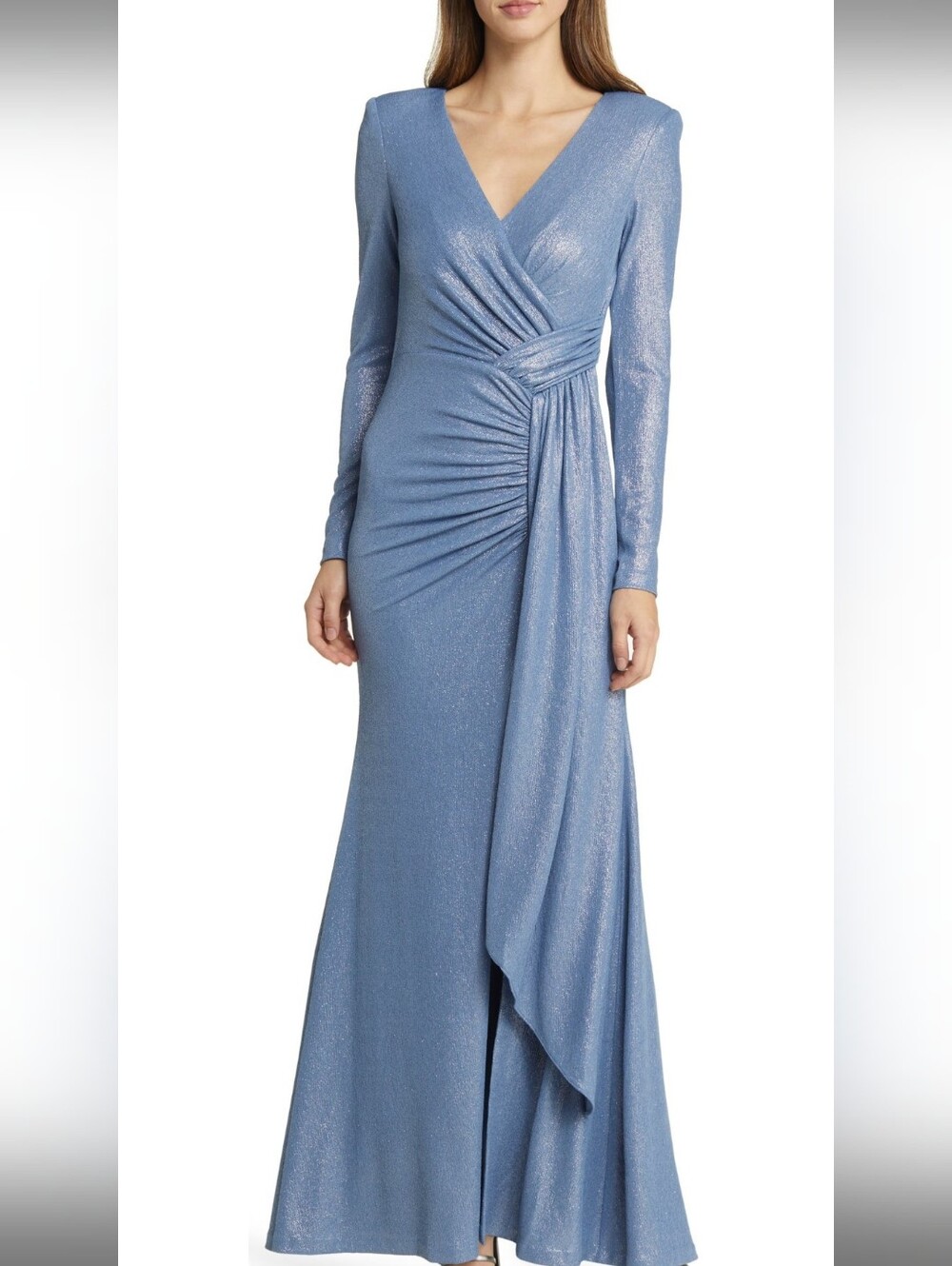 Vince Camuto Ice Blue Shimmer Wrap Long-Sleeve Evening Gown - Sz 6 NEW W/TAGS